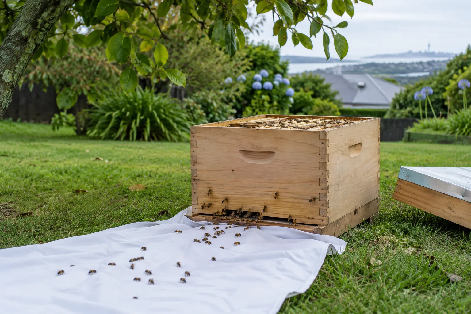 Honey bees walking up a white sheet into an open wooden hive box on a lawn
